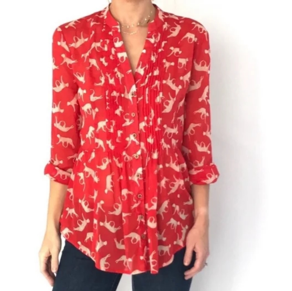 Anthropologie - Maeve Red Jungle Cat Leopard Print Tops Blouse